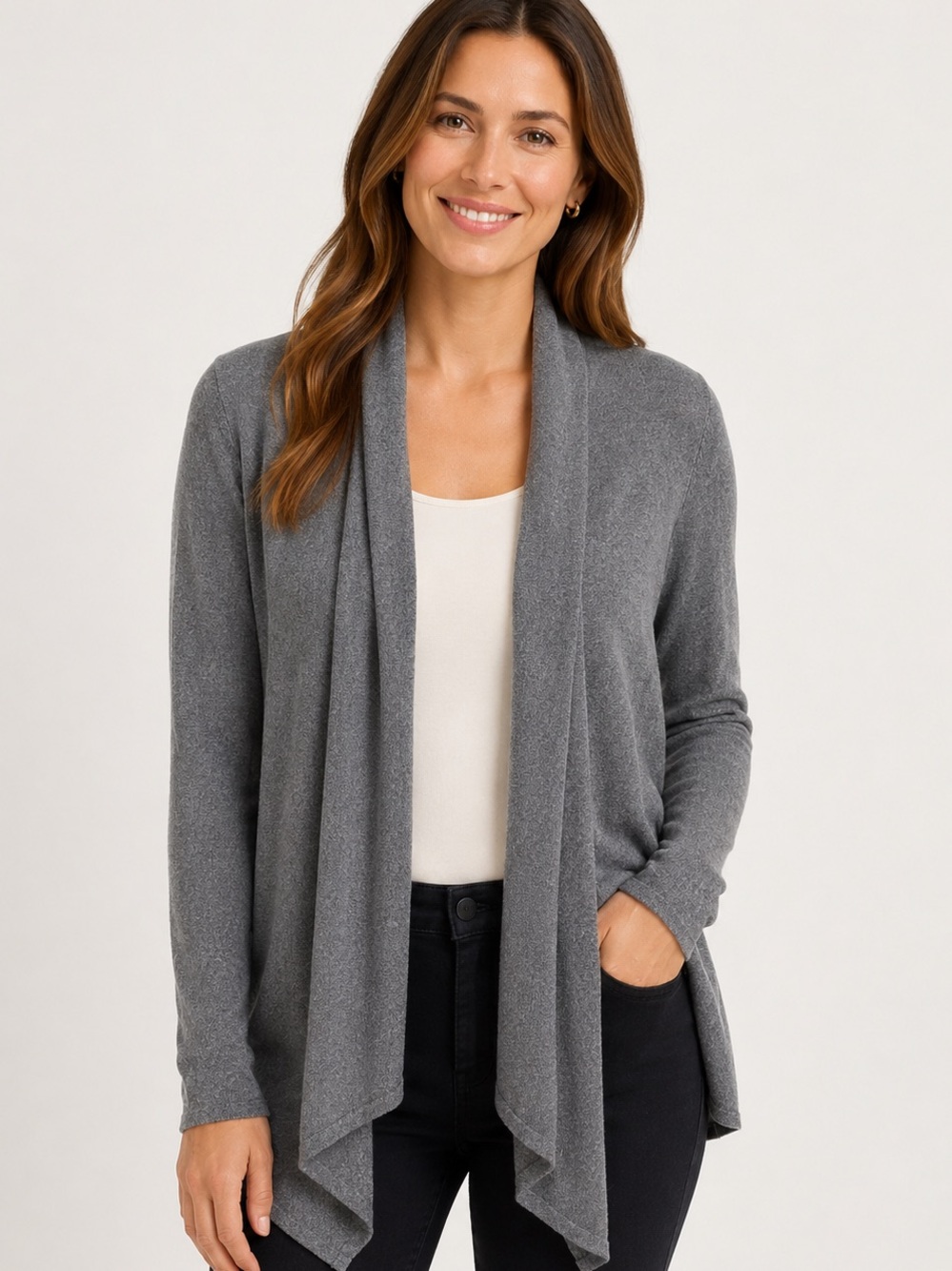Cyrus Women’s Large Gray Open Front Draped Cardigan Rayon Nylon Lightweight